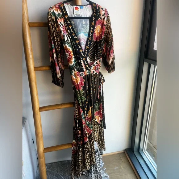 Anthropologie Farm Rio Black and Red Floral Wrap Dress - Picture 1 of 4